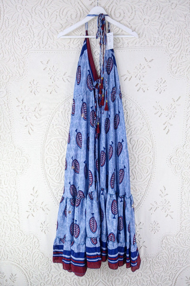Blossom Halter Maxi Dress - Vintage Sari - Embellished Tonal Violet Leaf Print - Free Size M/L By All About Audrey