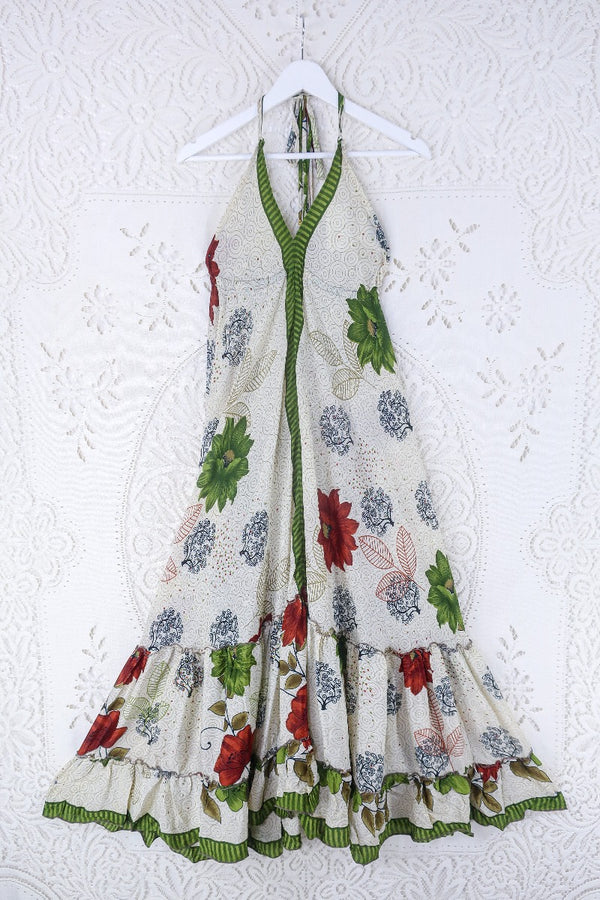 Blossom Halter Maxi Dress - Vintage Sari - White, Moss & Burnt Red Tree of Life Floral - Free Size S/M By All About Audrey