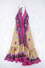 Blossom Halter Maxi Dress - Vintage Sari - Sand, Umber & Pink Rose Floral - Free Size S/M By All About Audrey