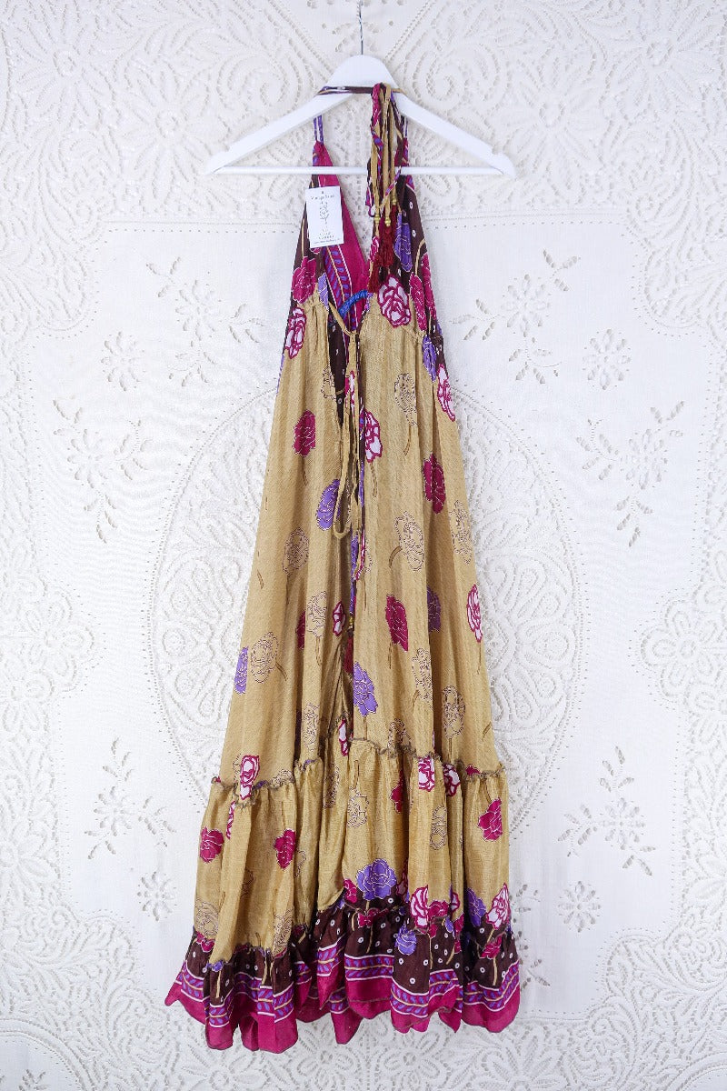 Blossom Halter Maxi Dress - Vintage Sari - Sand, Umber & Pink Rose Floral - Free Size S/M By All About Audrey
