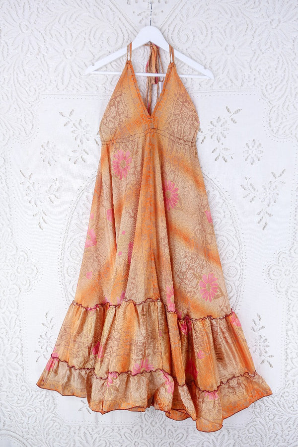 Blossom Halter Maxi Dress - Vintage Sari - Pink & Tangerine Dream Floral - Free Size S/M By All About Audrey