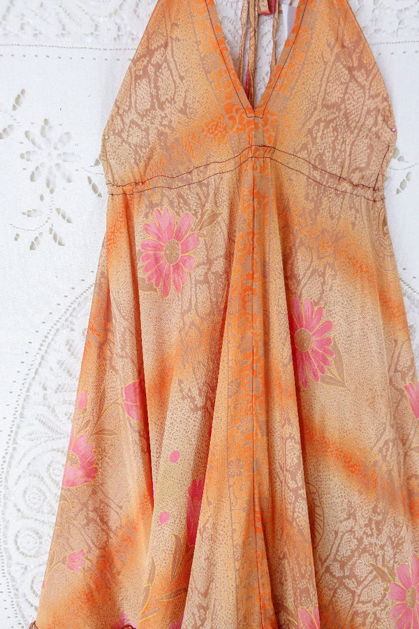 Blossom Halter Maxi Dress - Vintage Sari - Pink & Tangerine Dream Floral - Free Size S/M By All About Audrey