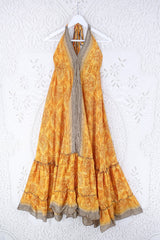 Blossom Halter Maxi Dress - Vintage Sari - Sunny Yellow & Slate Tile Print - Free Size S/M By All About Audrey