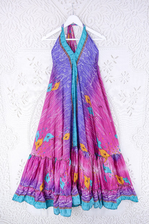 Blossom Halter Maxi Dress - Vintage Sari - Fuchsia, Turquoise & Violet Lilies  - Free Size S/M By All About Audrey