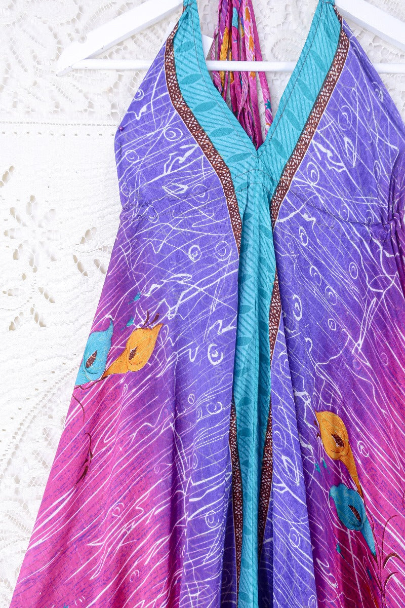 Blossom Halter Maxi Dress - Vintage Sari - Fuchsia, Turquoise & Violet Lilies - Free Size S/M By All About Audrey