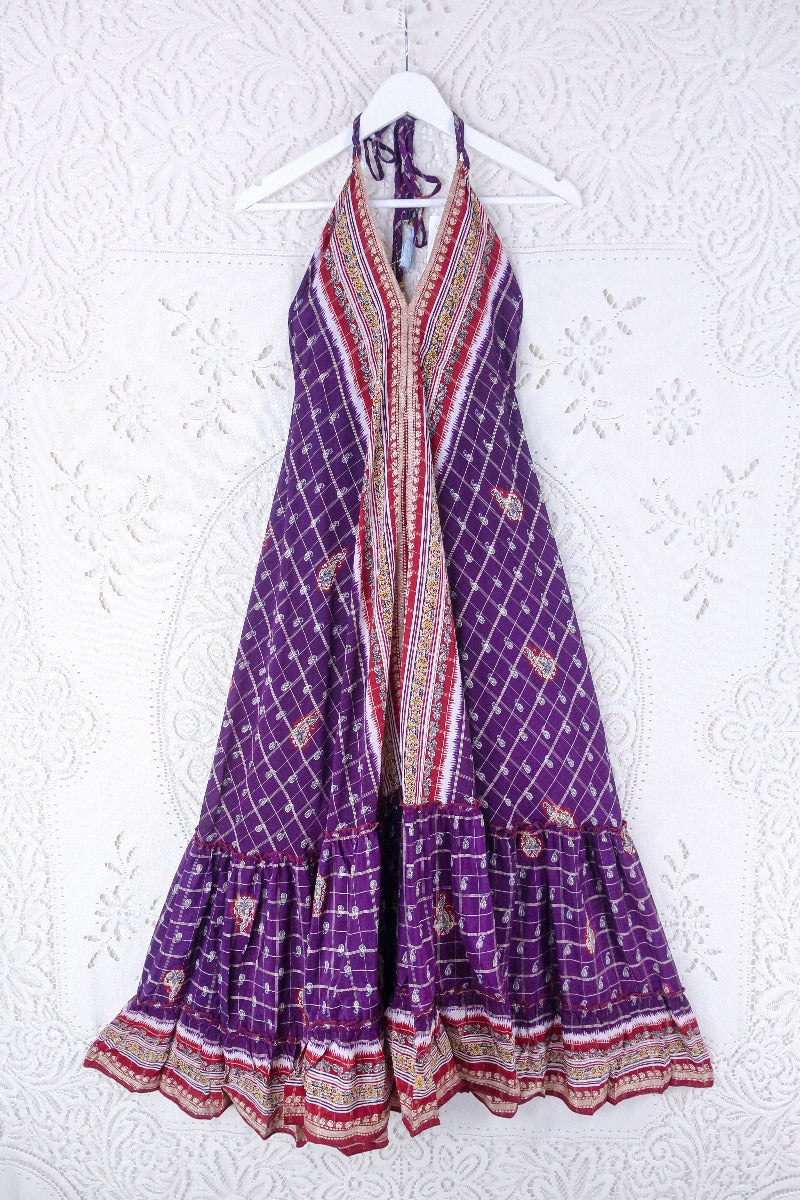 Blossom Halter Maxi Dress - Vintage Sari - Embroiderd Plum Purple Paisley - Free Size S/M By All About Audrey