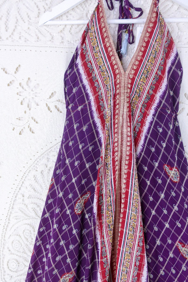 Blossom Halter Maxi Dress - Vintage Sari - Embroiderd Plum Purple Paisley - Free Size S/M By All About Audrey