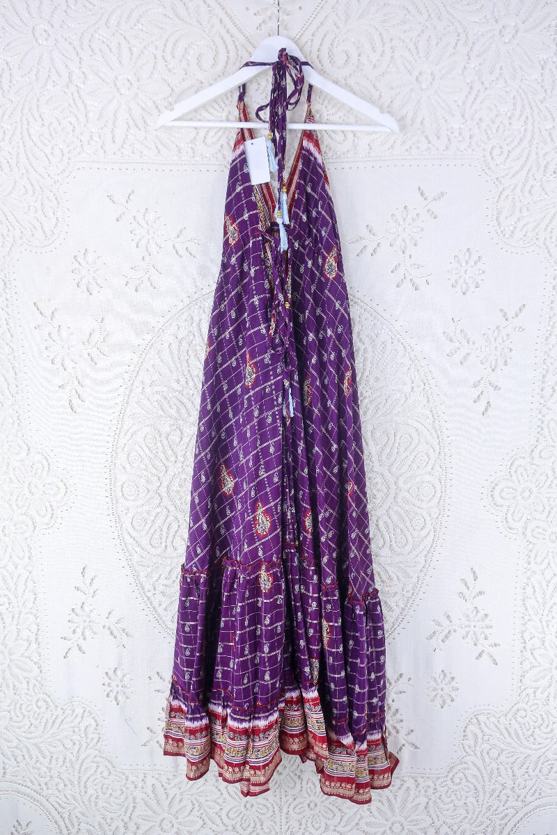 Blossom Halter Maxi Dress - Vintage Sari - Embroiderd Plum Purple Paisley - Free Size S/M By All About Audrey