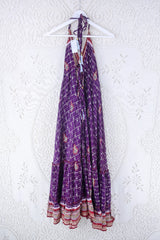 Blossom Halter Maxi Dress - Vintage Sari - Embroiderd Plum Purple Paisley - Free Size S/M By All About Audrey