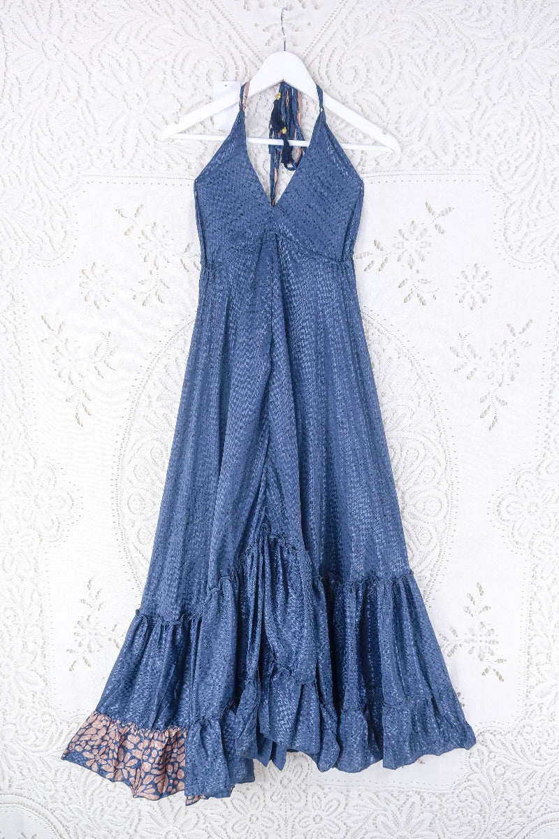 Blossom Halter Maxi - Vintage Sari - Smokey Blue Shimmer - Free Size S/M By All About Audrey