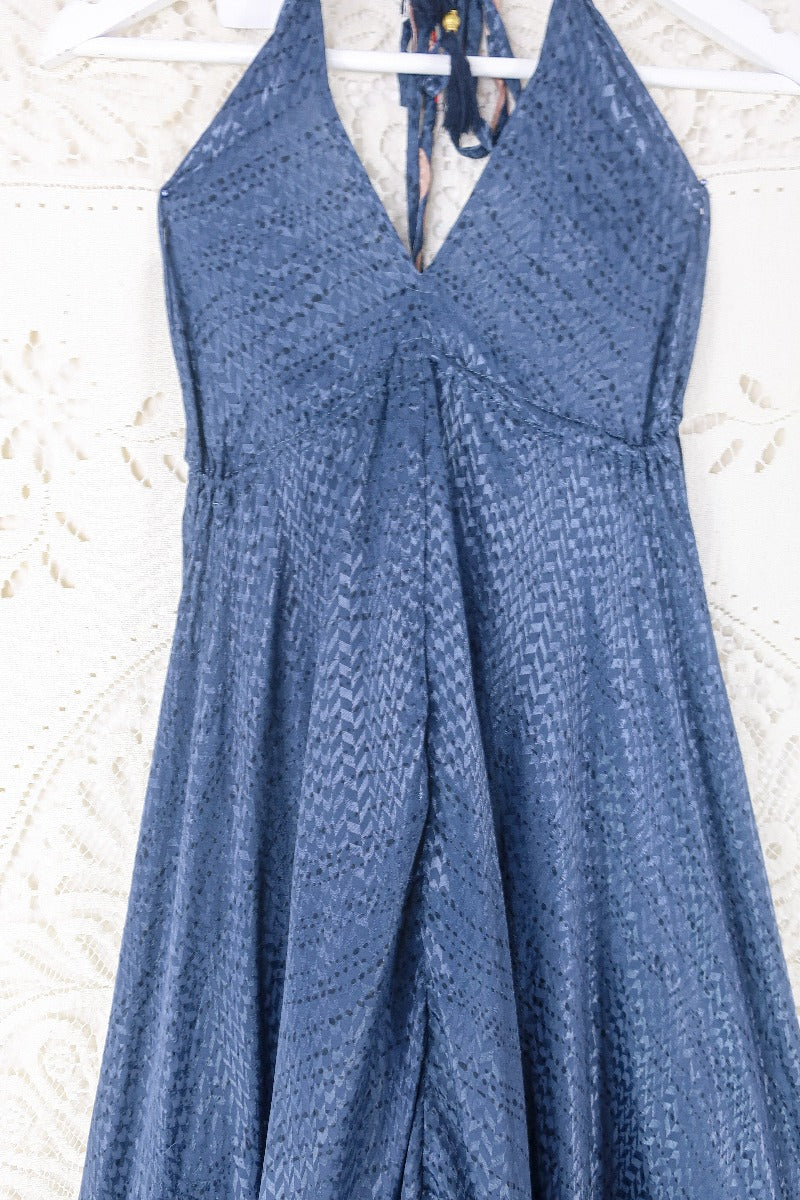 Blossom Halter Maxi - Vintage Sari - Smokey Blue Shimmer - Free Size S/M By All About Audrey