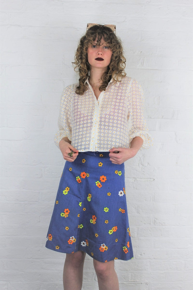 Vintage Handmade Skirt - Chambray Retro Daisy Print - Size XS by all about audrey