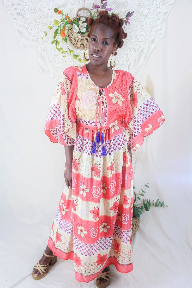 Angelica Maxi Dress - Vintage Sari - Coral & Cream Floral - Free Size L/XL By All About Audrey
