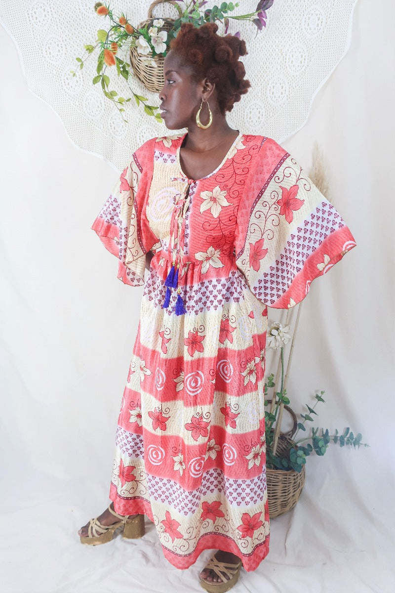 Angelica Maxi Dress - Vintage Sari - Coral & Cream Floral - Free Size L/XL By All About Audrey