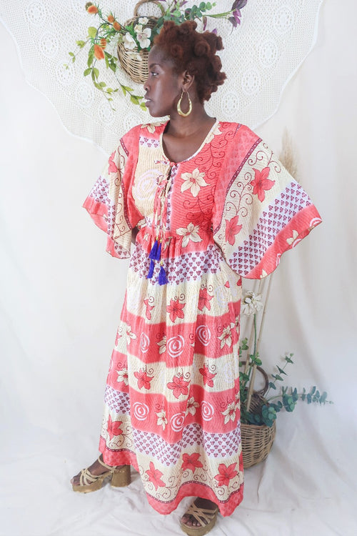 Angelica Maxi Dress - Vintage Sari - Coral & Cream Floral - Free Size L/XL By All About Audrey