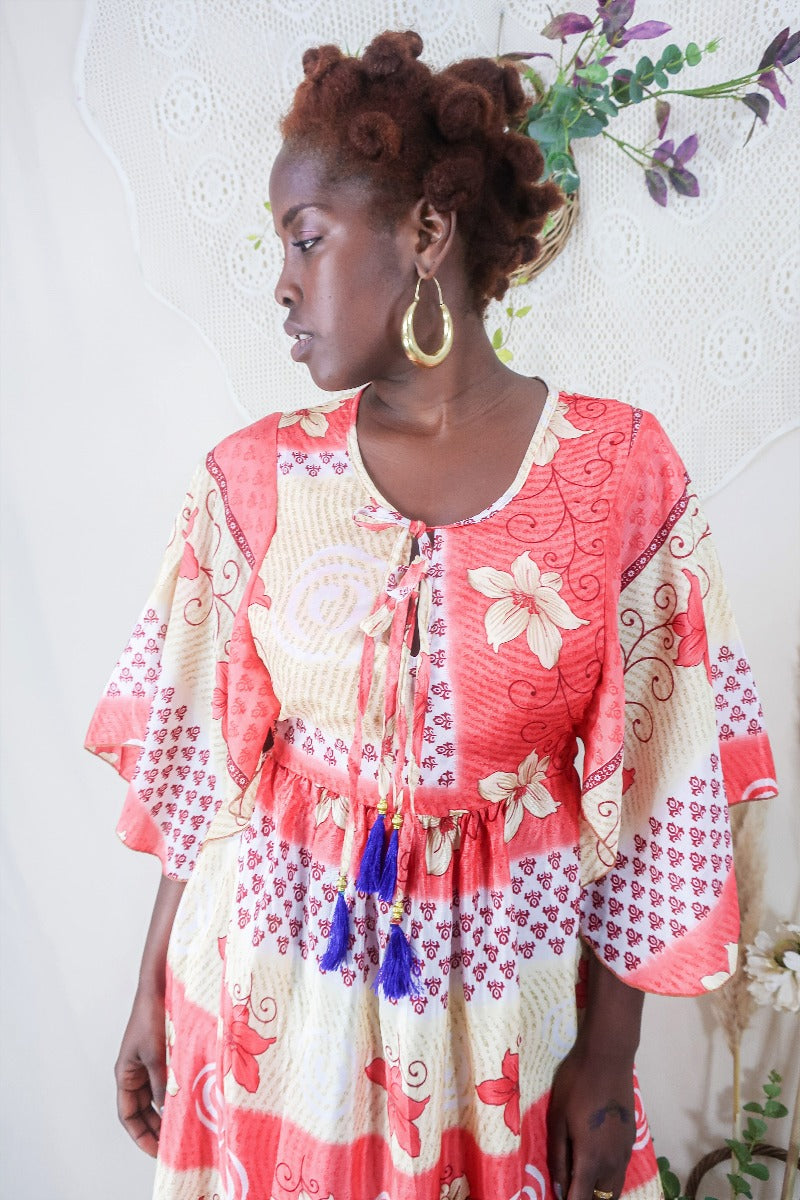 Angelica Maxi Dress - Vintage Sari - Coral & Cream Floral - Free Size L/XL By All About Audrey