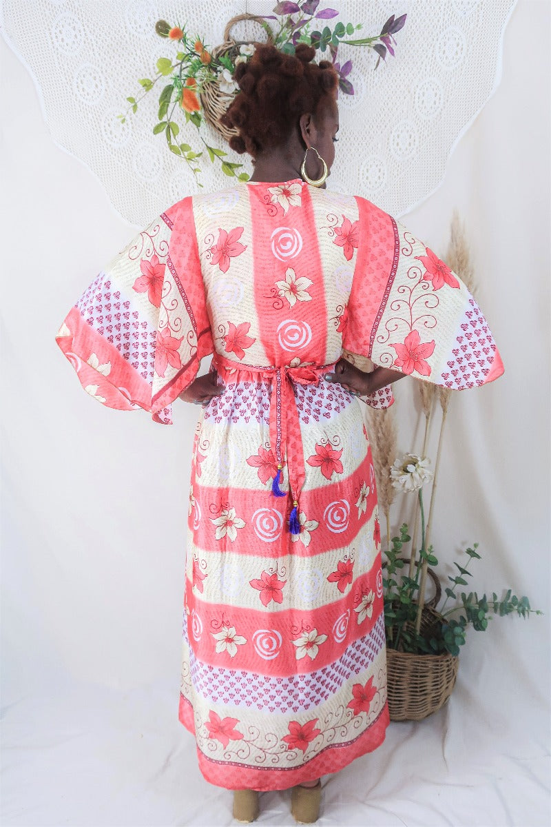 Angelica Maxi Dress - Vintage Sari - Coral & Cream Floral - Free Size L/XL By All About Audrey