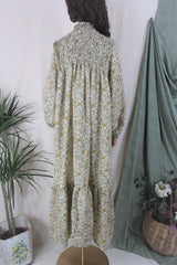 Mona Maxi Dress - Vintage Indian Sari - Parchment & Antique Gold Floral - Free Size By All About Audrey