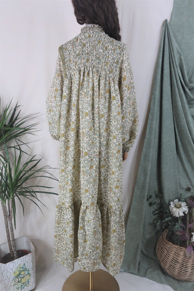 Mona Maxi Dress - Vintage Indian Sari - Parchment & Antique Gold Floral - Free Size By All About Audrey