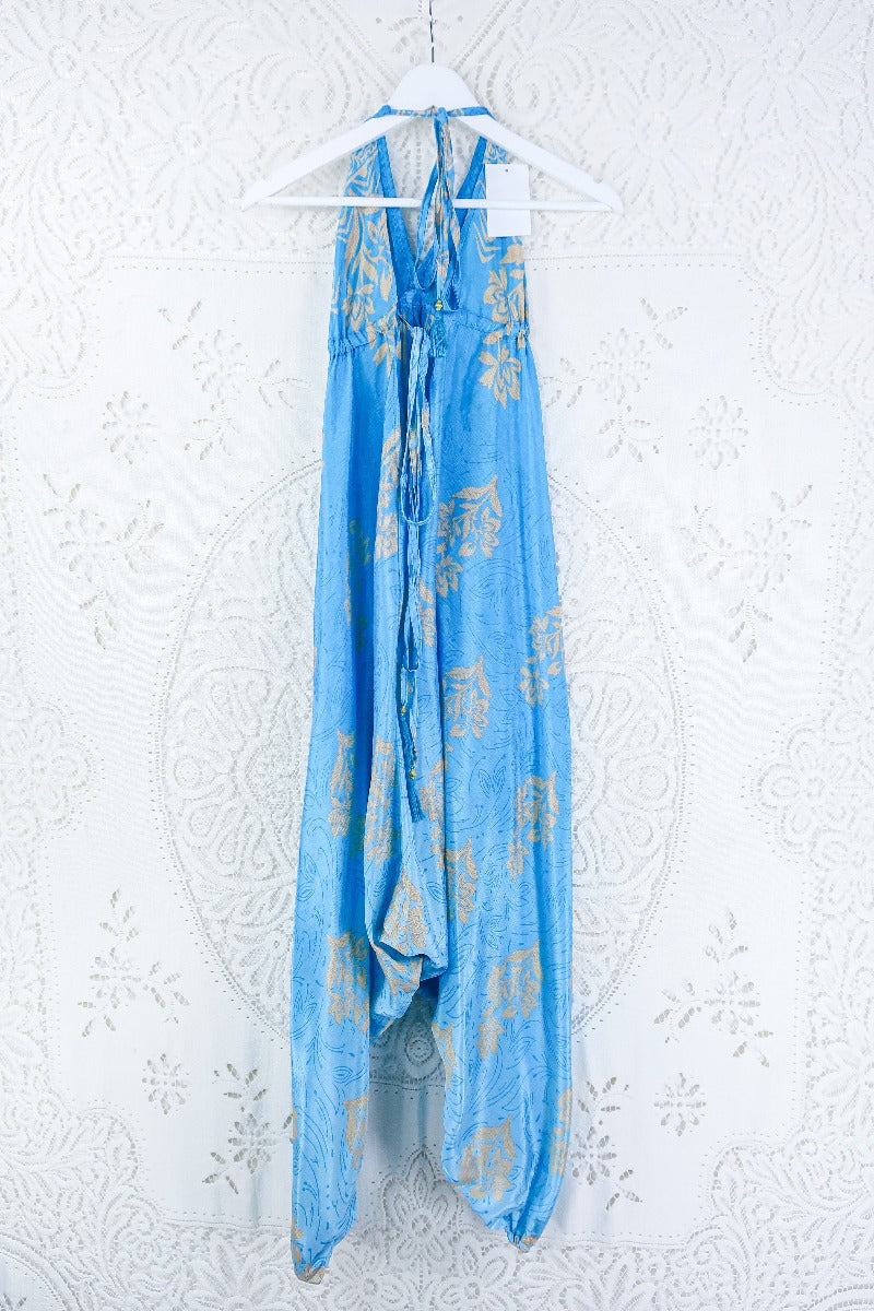 Medusa Harem Jumpsuit - Vintage Sari - Sky Blue & Beige Floral - S/M By All About Audrey