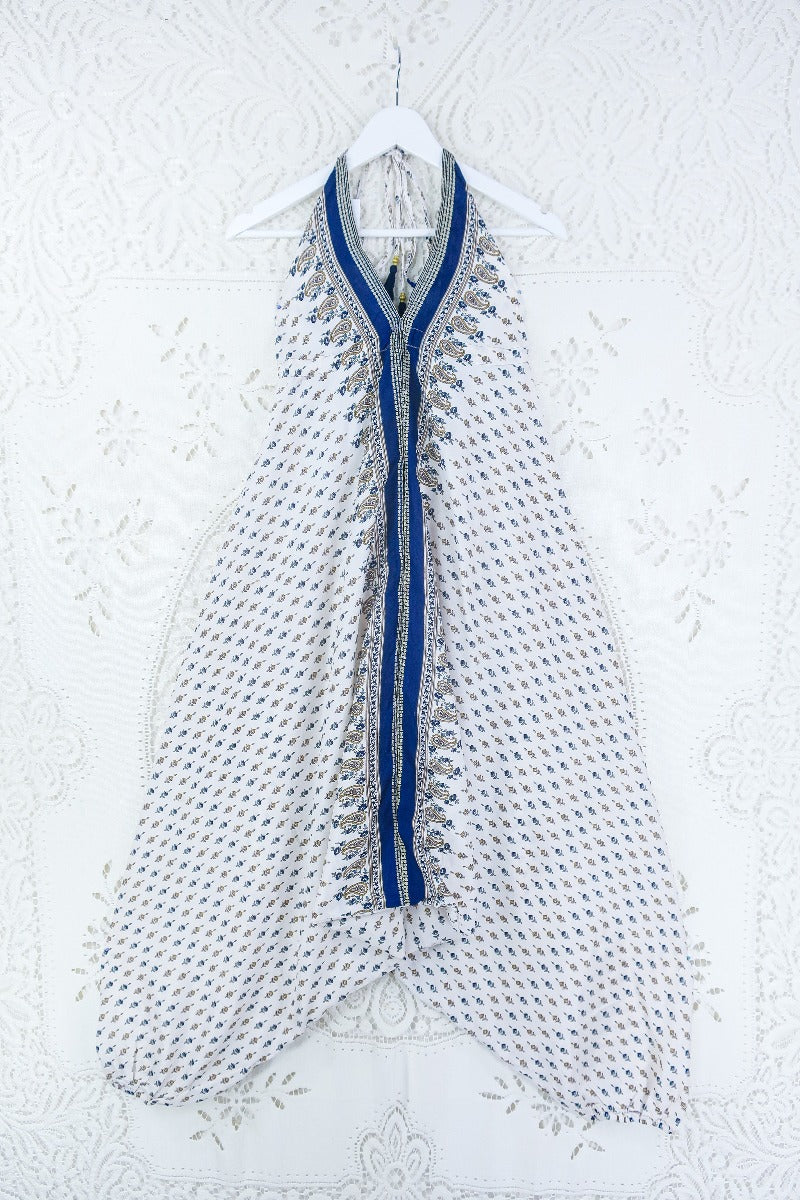 Medusa Harem Jumpsuit - Vintage Sari - Salt White & Indigo Paisley - M/L By All About Audrey