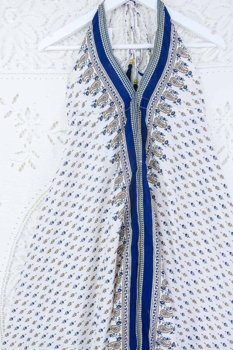 Medusa Harem Jumpsuit - Vintage Sari - Salt White & Indigo Paisley - M/L By All About Audrey