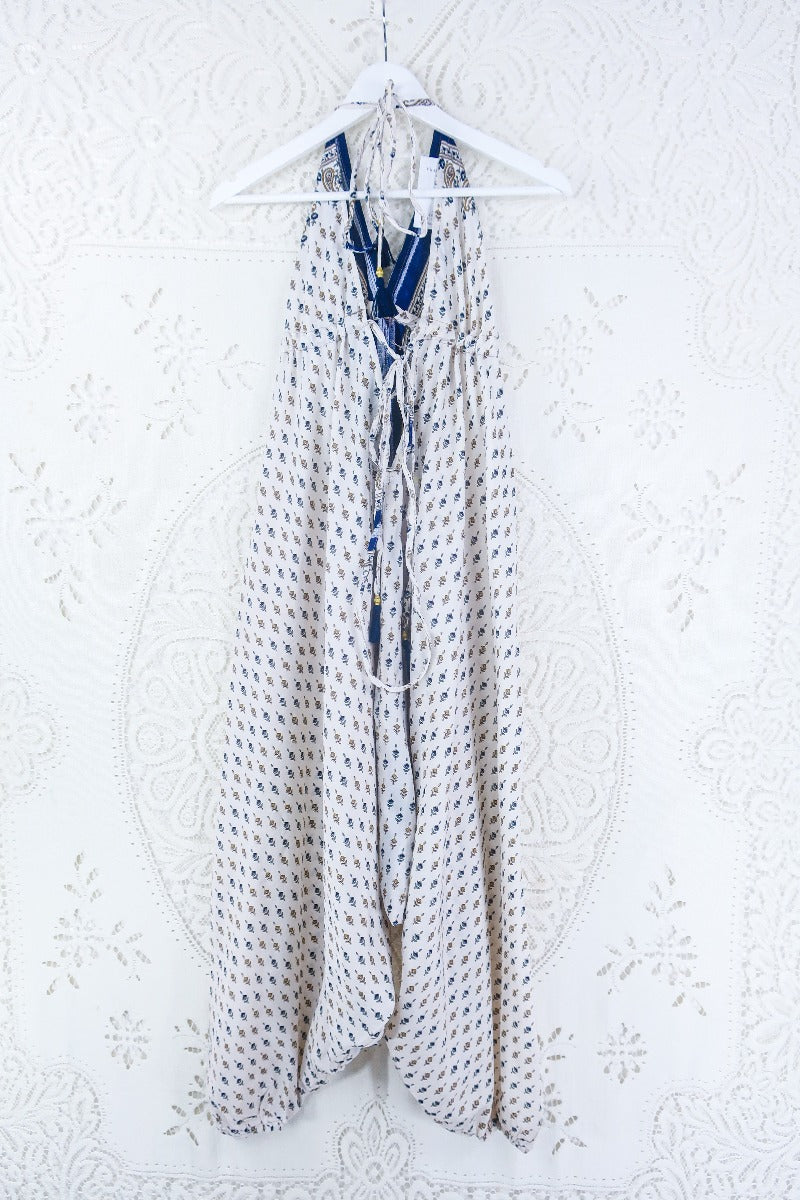 Medusa Harem Jumpsuit - Vintage Sari - Salt White & Indigo Paisley - M/L By All About Audrey