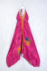 Medusa Harem Jumpsuit - Vintage Sari - Raspberry Pink Rose Floral - S/M By All About Audrey