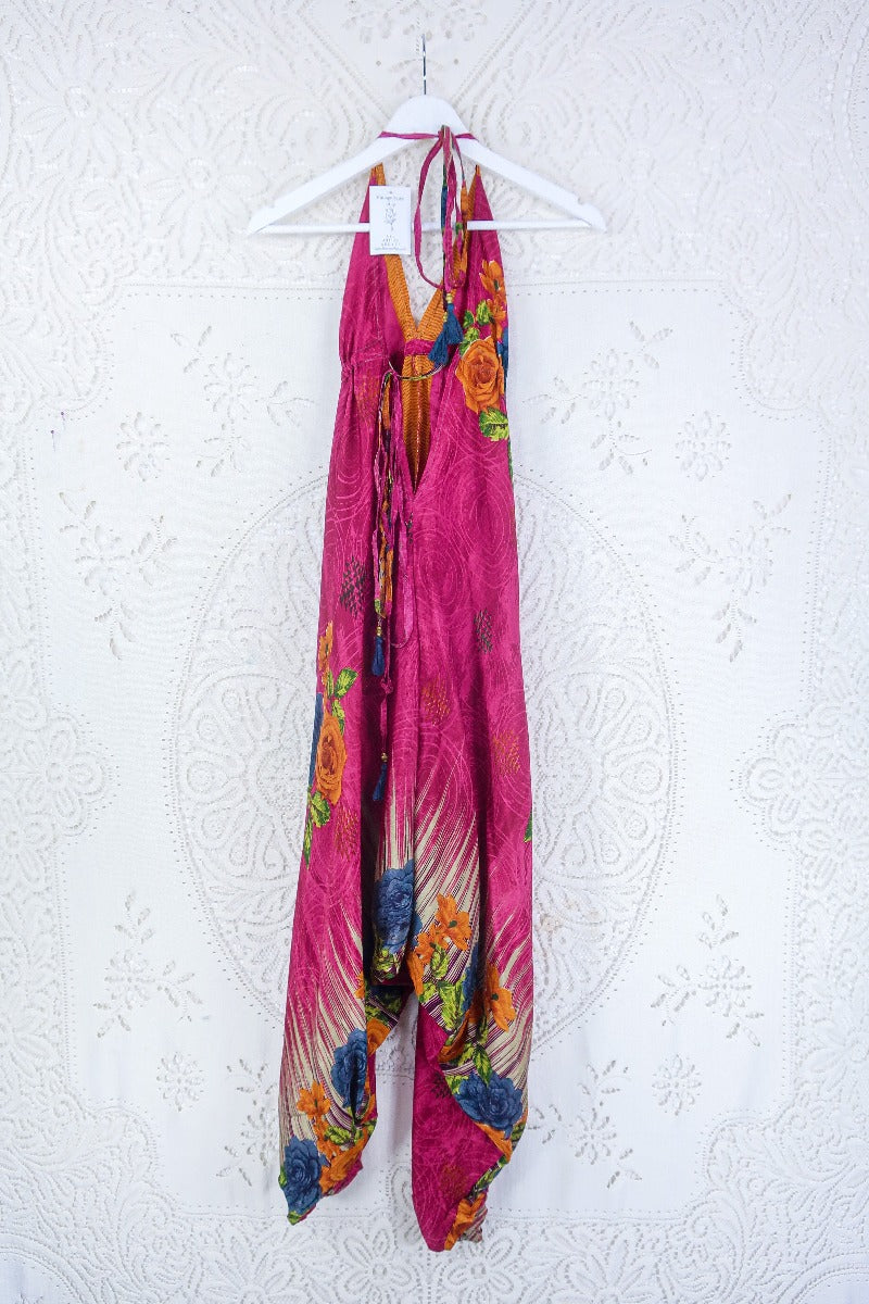 Medusa Harem Jumpsuit - Vintage Sari - Raspberry Pink Rose Floral - S/M By All About Audrey