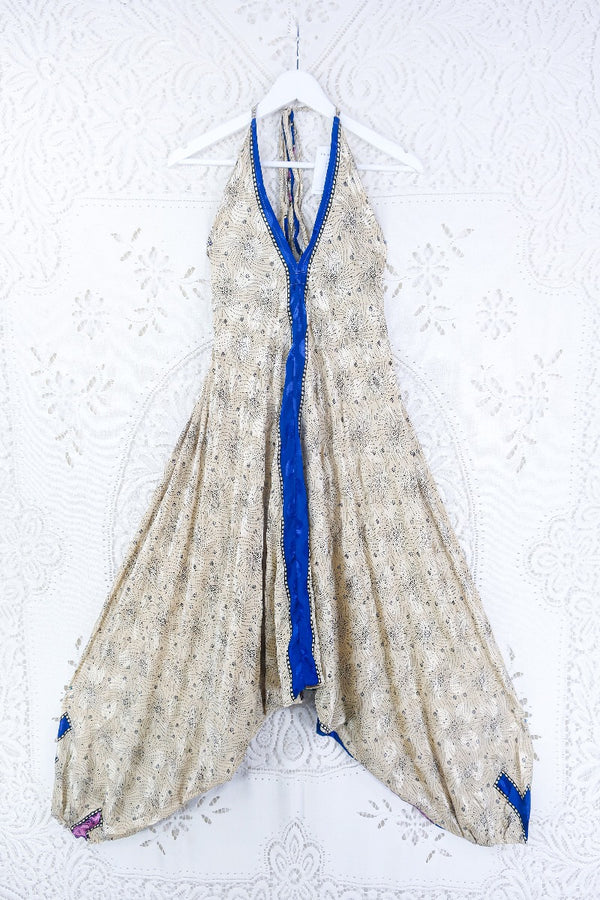 Medusa Harem Jumpsuit - Vintage Sari - Sandy Shimmer & Navy Daisy - L/XL By All About Audrey