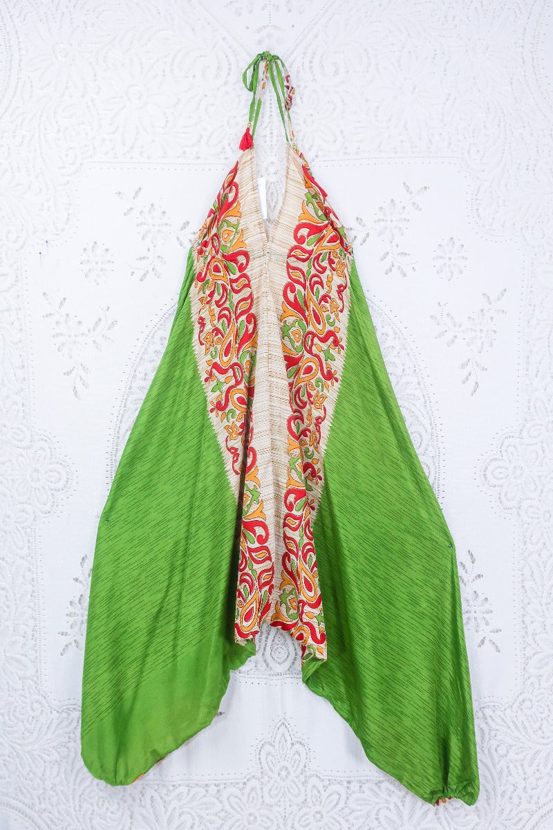 Medusa Harem Jumpsuit - Vintage Sari - Lime, Scarlet & Gold Peacocks - S/M By All About Audrey