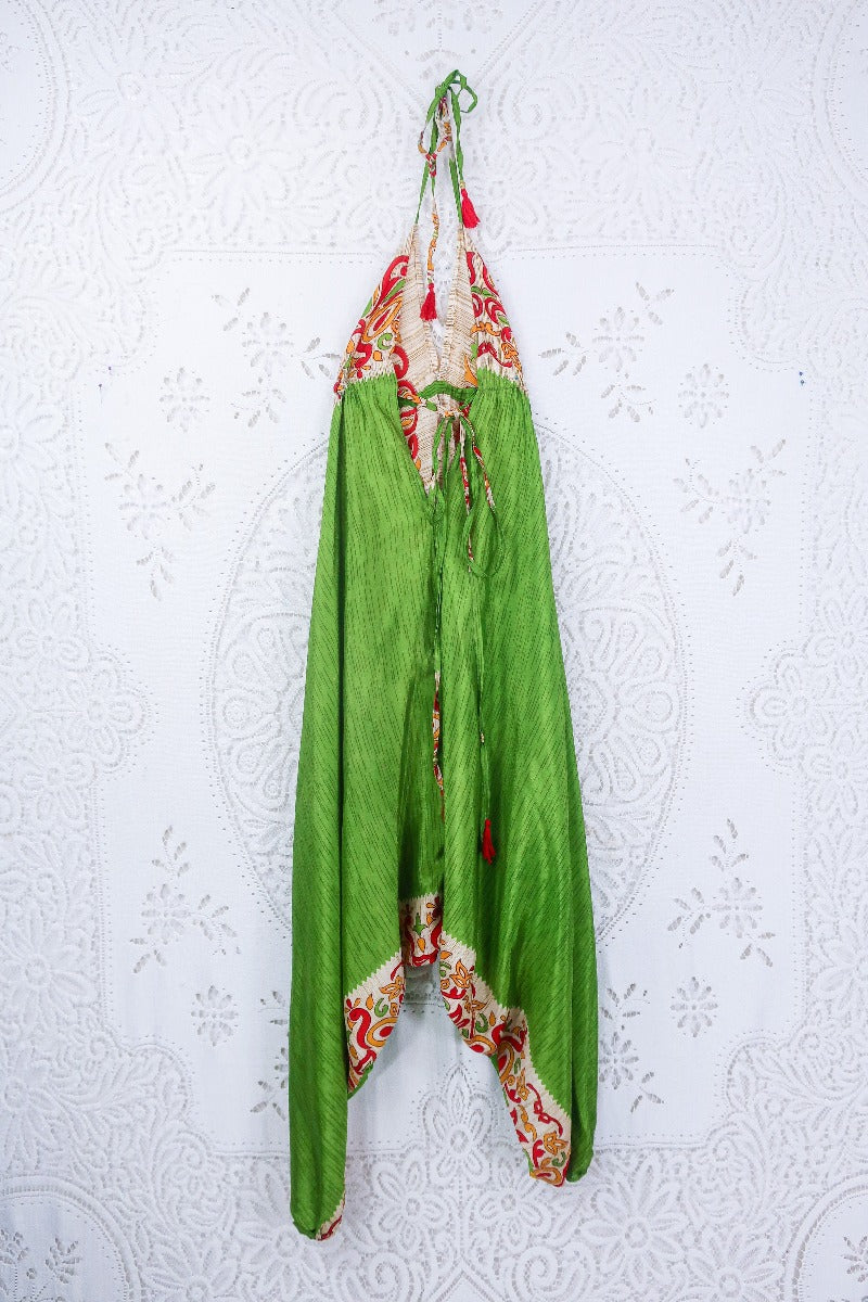 Medusa Harem Jumpsuit - Vintage Sari - Lime, Scarlet & Gold Peacocks - S/M By All About Audrey