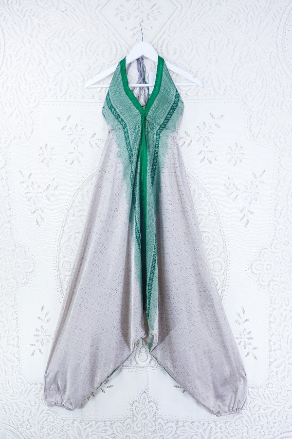 Medusa Harem Jumpsuit - Vintage Sari - Silver, Sage & Forest Fade - M/L By All About Audrey