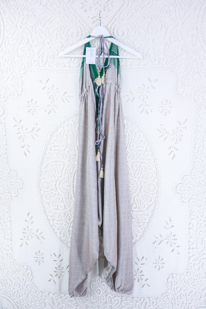 Medusa Harem Jumpsuit - Vintage Sari - Silver, Sage & Forest Fade - M/L
