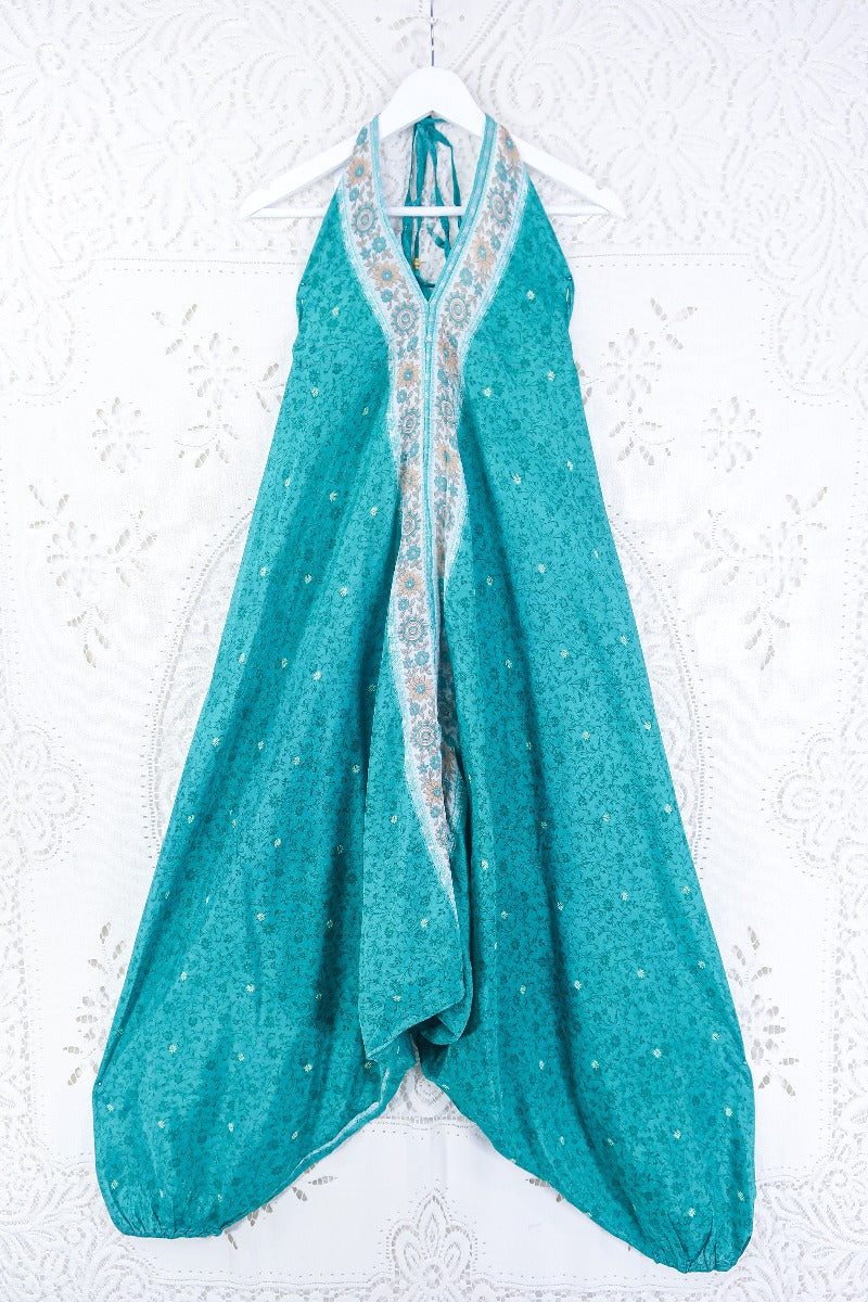 Medusa Harem Jumpsuit - Vintage Sari - Aqua Green & Champagne Wildflower - M/L By All About Audrey