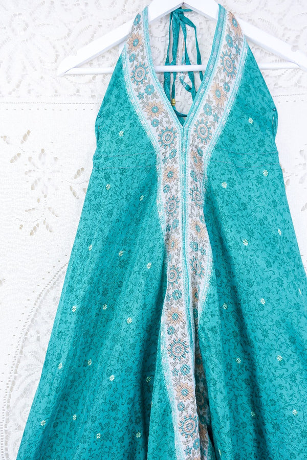Medusa Harem Jumpsuit - Vintage Sari - Aqua Green & Champagne Wildflower - M/L By All About Audrey