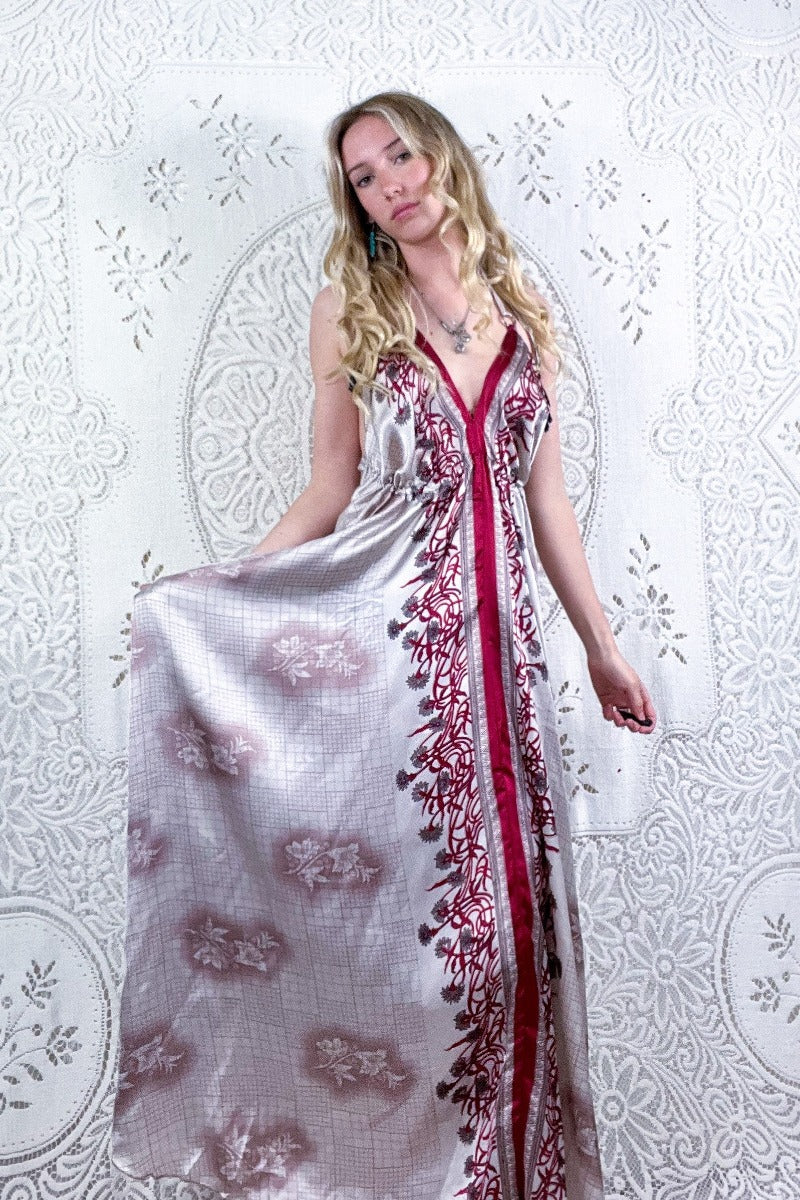Halter Maxi Vintage Sari - Rose Gold & Ruby Wildflower - Free Size M/L All About Audrey Vintage Boutique Halter Maxi Vintage Sari - Rose Gold & Ruby Wildflower - Free Size M/L All About Audrey Vintage Boutique