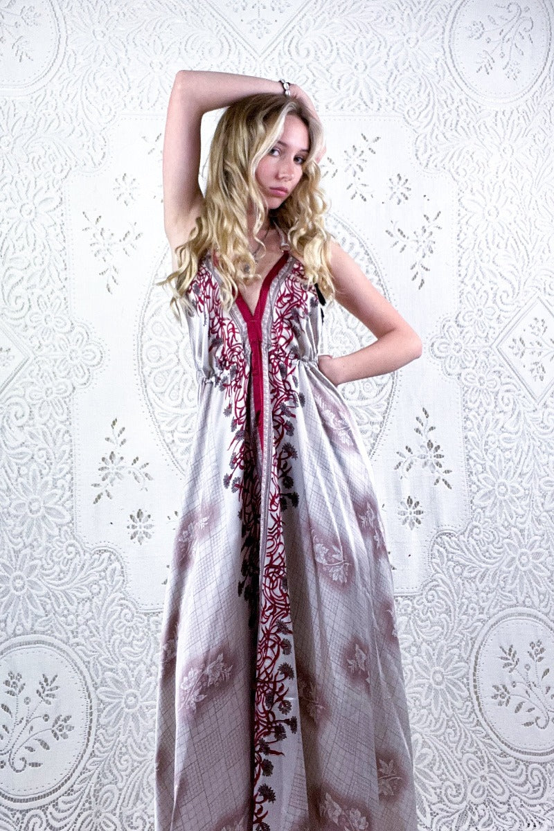 Eden Halter Maxi Dress - Vintage Sari - Rose Gold & Ruby Wildlfower - Free Size M/L By All About Audrey