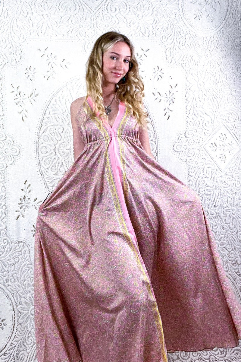 Eden Halter Maxi Dress - Vintage Sari - Pastel Pink & Chartreuse Paisley - Free Size S/M By All About Audrey