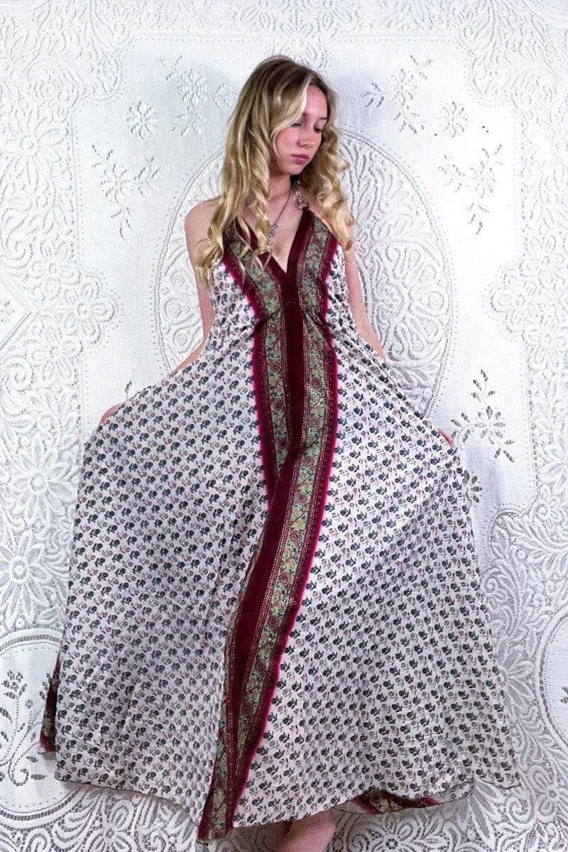 Eden Halter Maxi Dress - Vintage Sari - White, Crimson & Sage Wildflower - Free Size S/M By All About Audrey