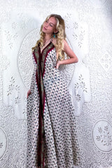 Eden Halter Maxi Dress - Vintage Sari - White, Crimson & Sage Wildflower - Free Size S/M By All About Audrey