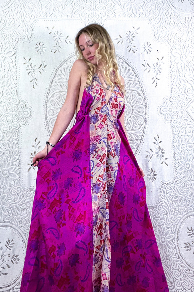 Eden Halter Maxi Dress - Vintage Sari - Psychedelic Fuchsia Paisley - Free Size S/M