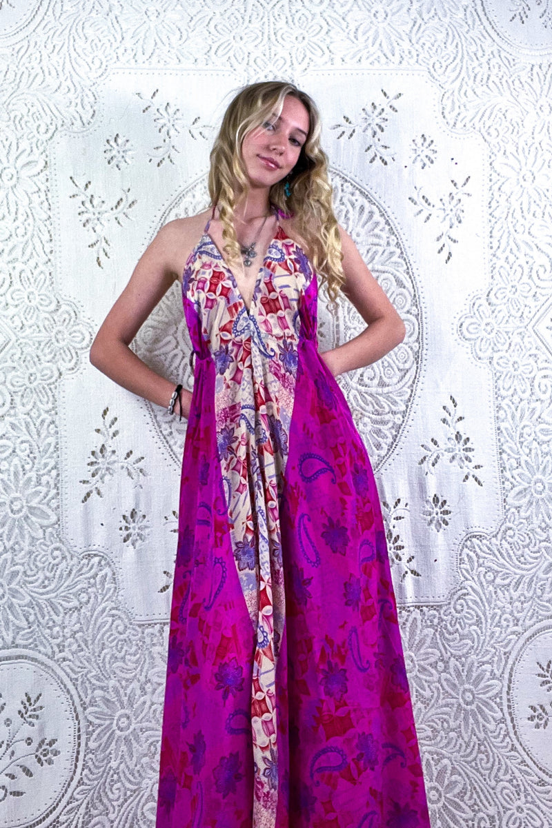 Eden Halter Maxi Dress - Vintage Sari - Psychedelic Fuchsia Paisley - Free Size S/M