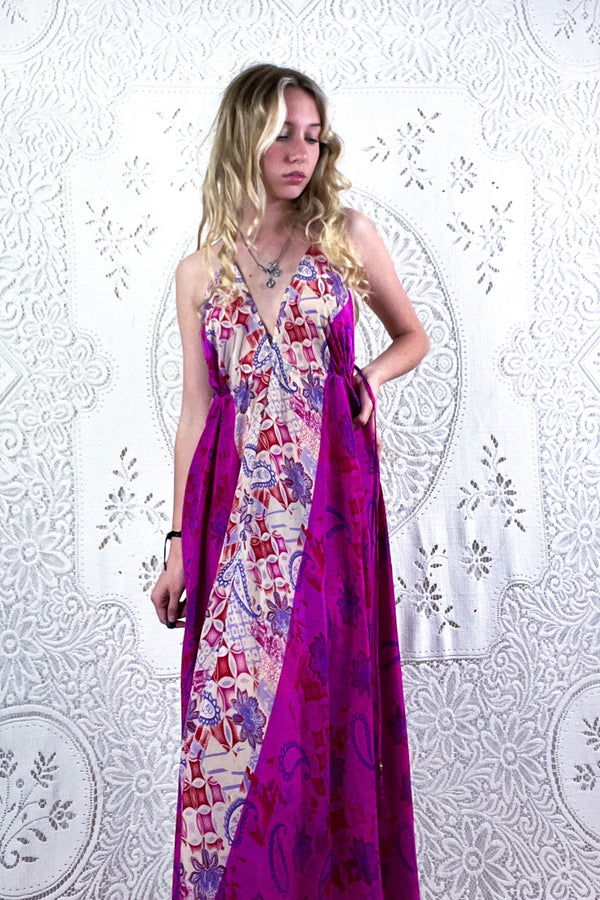 Eden Halter Maxi Dress - Vintage Sari - Psychedelic Fuchsia Paisley - Free Size S/M