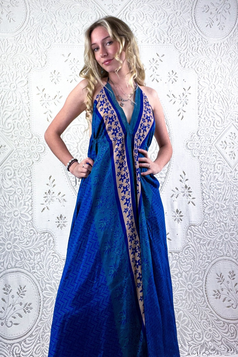 Eden Halter Maxi Dress - Vintage Sari - Dark Blue & Champagne Daisies - Free Size S/M By All About Audrey