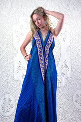 Eden Halter Maxi Dress - Vintage Sari - Dark Blue & Champagne Daisies - Free Size S/M By All About Audrey