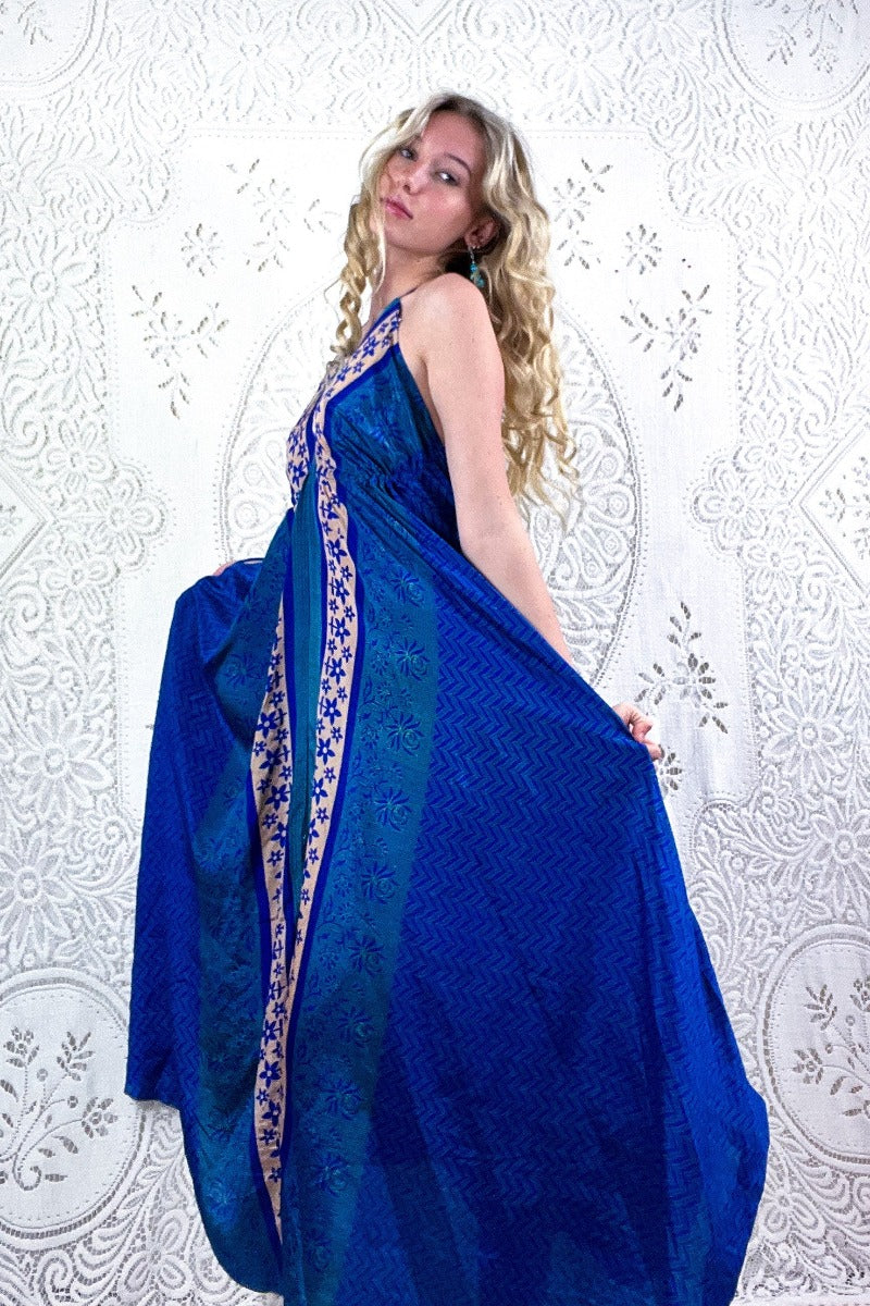 Eden Halter Maxi Dress - Vintage Sari - Dark Blue & Champagne Daisies - Free Size S/M By All About Audrey