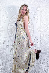 Eden Halter Maxi Dress - Vintage Sari - Ivory & Indigo Check Floral - Free Size M/L By All About Audrey
