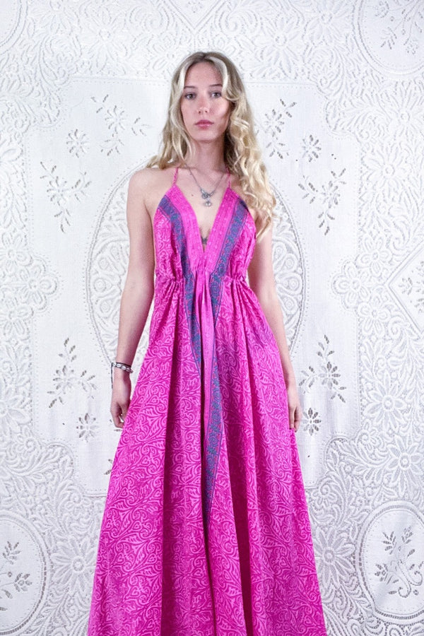 Eden Halter Maxi Dress - Vintage Sari - Bright Magenta & Teal Jacquard - Free Size M/L By All About Audrey
