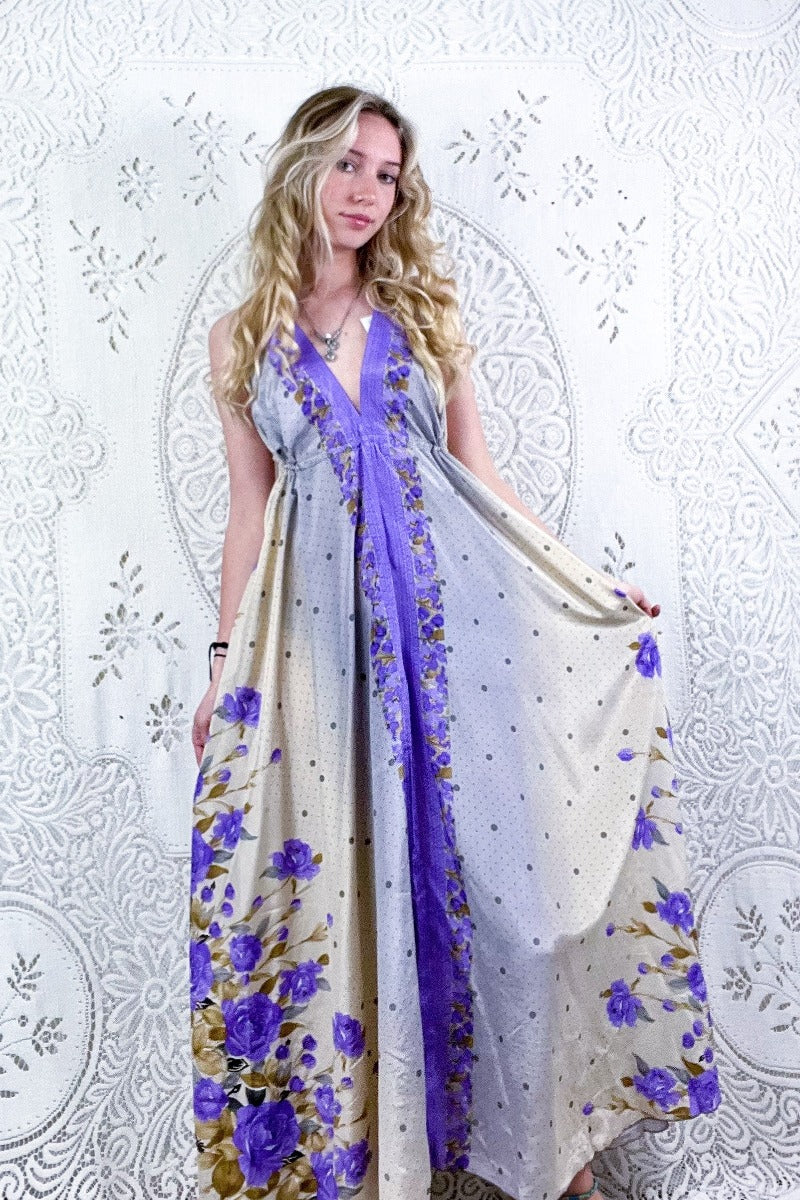 Eden Halter Maxi Dress - Vintage Sari - Lilac & Beige Blossom Floral - Free Size S/M By All About Audrey